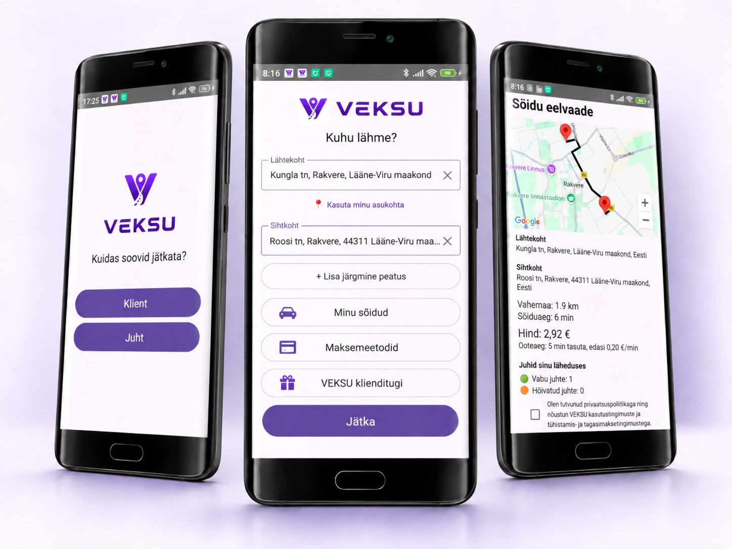 VEKSU rakenduse vaated telefonides